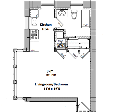 Floor plan for studio, 1 bath, 374 sqft